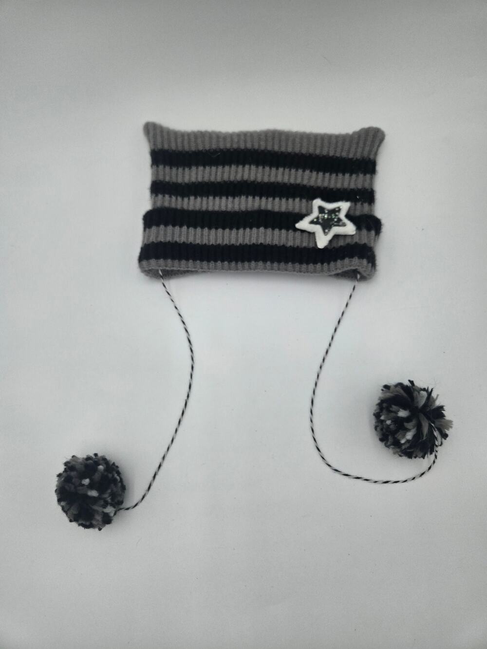 Y2K Black Gray Striped Cat Ear Beanie Star Tassels Knit Hat One Size